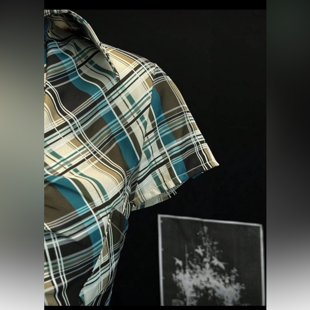 Short Sleeve Plaid Ruffle Button-Up Blouse - Picture 8 of 16